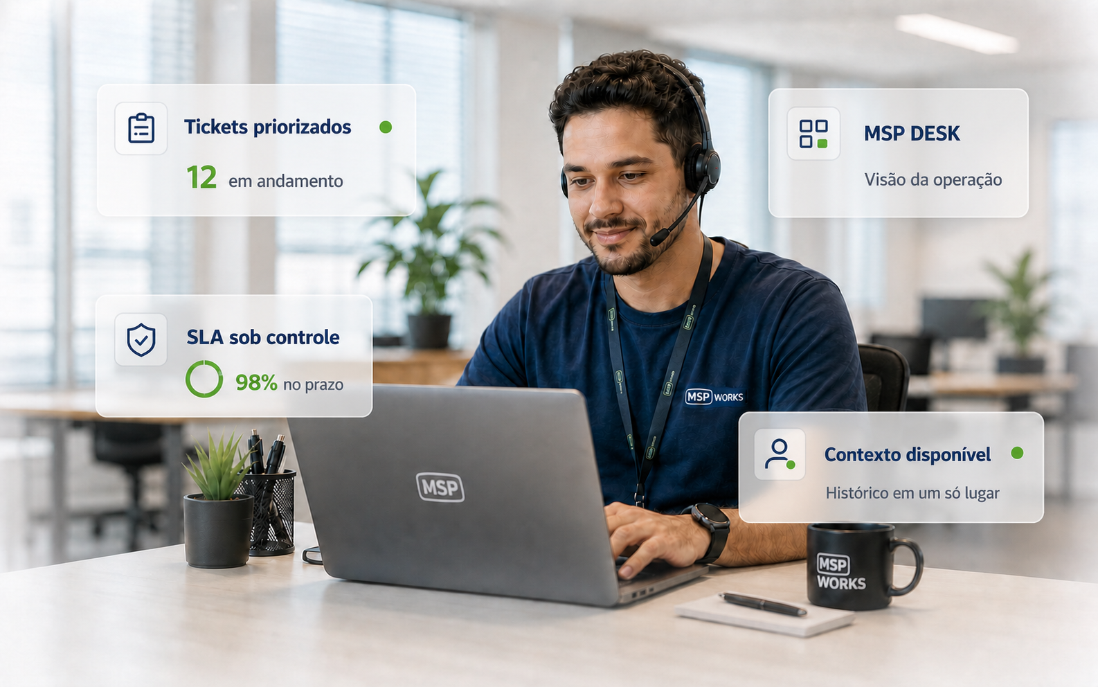 Profissional de suporte utilizando o MSP Desk com tickets priorizados, SLA sob controle e contexto disponível